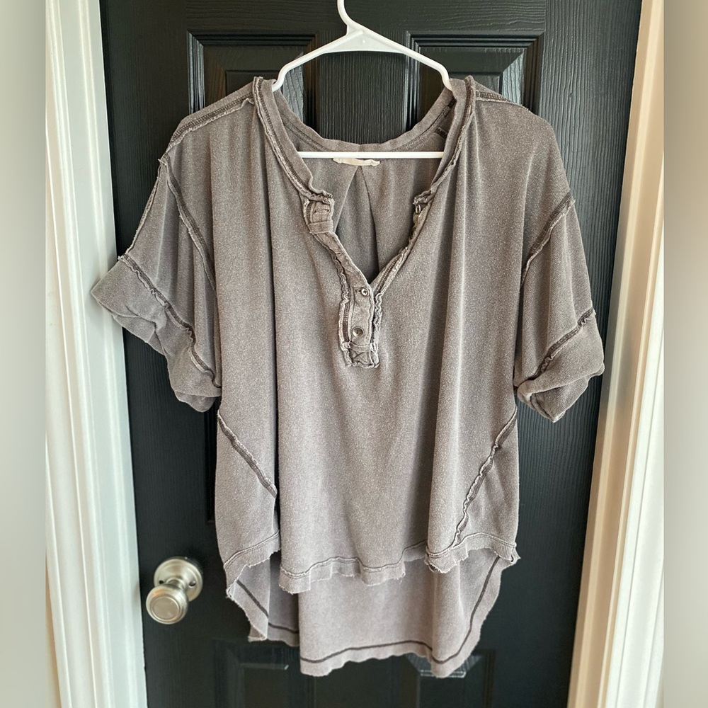 Free People We The Free Heritage Henley Linen Blend Top Gray-Size M